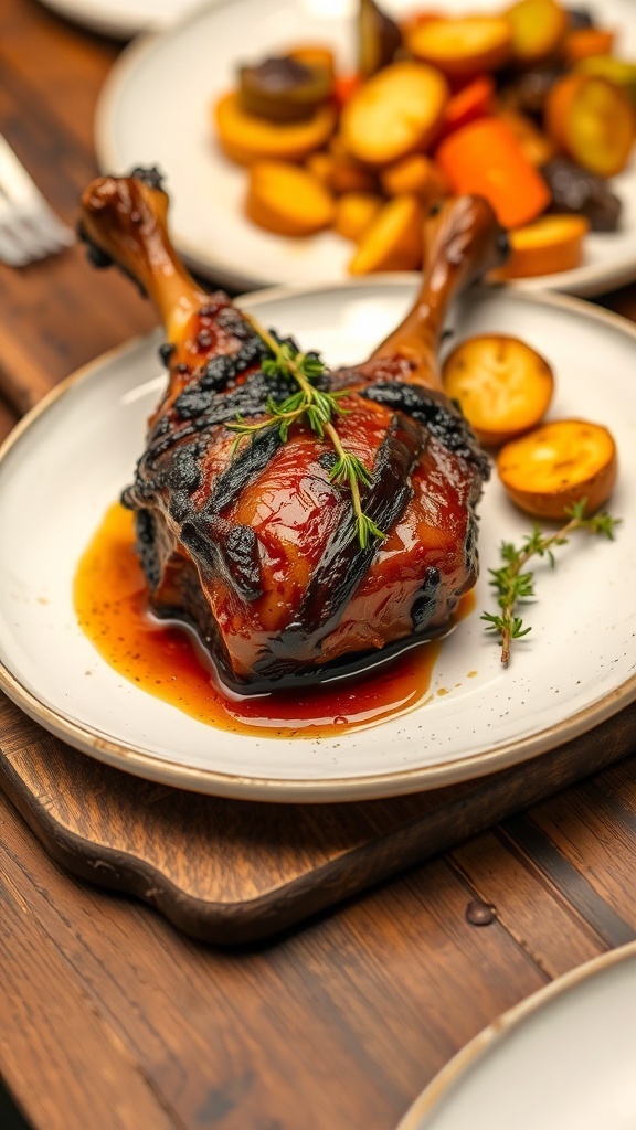 A plated duck confit leg with crispy skin, served with roasted vegetables on a rustic table.